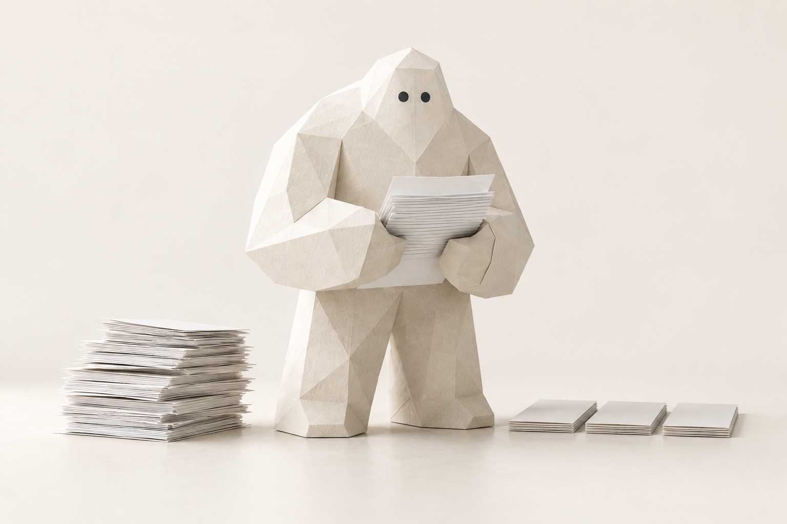 A quiet, broad-shouldered yeti sculpted from folded paper, holding a customer order.
